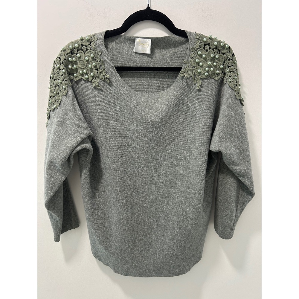 SirenLily Petites Grey Pearl Embellished Crochet Lace Shoulder Sweater PL
